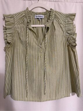 En Saison Olive Stripe Ruffle-Sleeve Tie Blouse